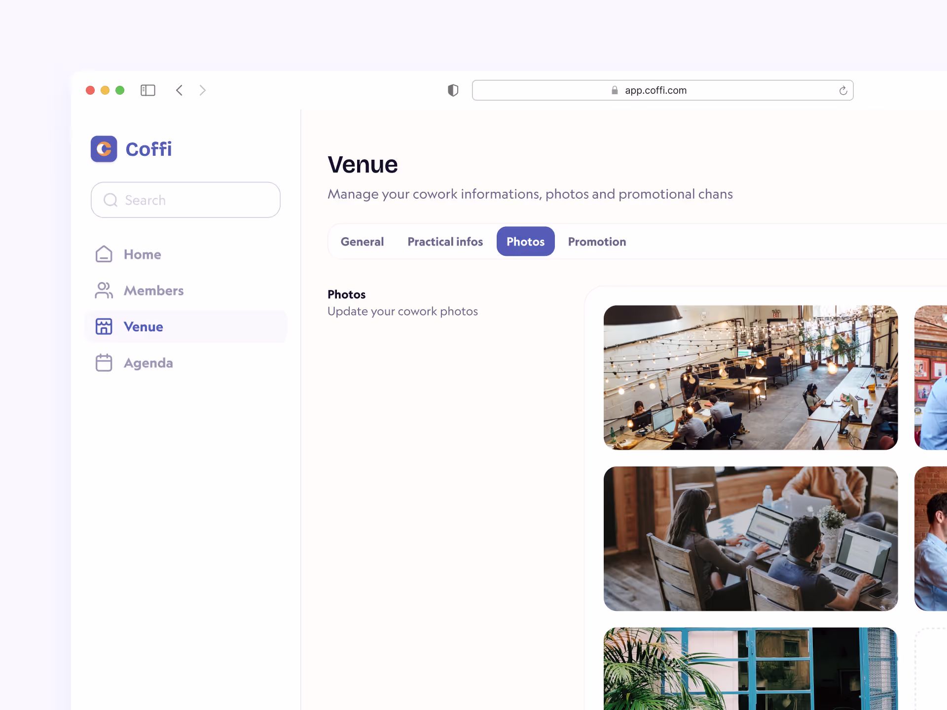 Venue management page mockup
